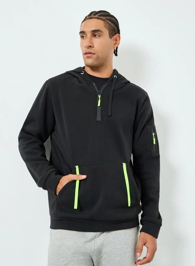 Take Two Men Solid Half-Zip Kangaroo Pocket Detail Hoodie